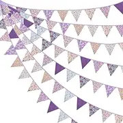 33Ft Floral Triangle Flags, Vintage Bright Triangle Pennants, Purple Bunting Garland Fabric Banner for Birthday Wedding Garden Party Afternoon Tea Decor Outdoor & Home Decoration
