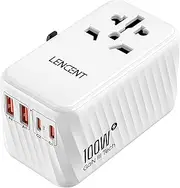 LENCENT Universal Travel Adapter, 100W GaN International Fast Charger with 2 PD3.0 Type C+2 QC USB A, Worldwide Power Adaptor for Phones,Laptops, All in One Travel Adaptor for EU/USA/UK/AU, White