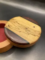 Handcrafted Round Hinged Wooden Box Spalted Maple, Ebony And Cherry Ring Trinket