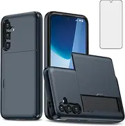 [Asuwish] Phone Case for Samsung Galaxy S24 5G with Tempered Glass Screen Protector and Credit Card Holder Wallet Cover Hard Hybrid Cell Accessories S 24 24S GS24 G5 Women Men NavyBlue
