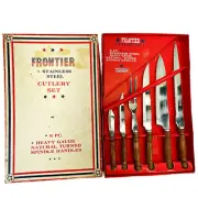 NOS Vintage 70s Set Frontier Forge Stainless Steel 6 pc Cutlery Set Knives Fork