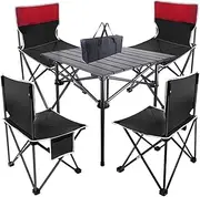 Portable Camping Table, Aluminum Outdoor Table Foldable Picnic Table with 4 Chairs and Bags, Collapsible Ultralight Folding Table for Outdoor, BBQ, Beach, Hiking Little Surprise