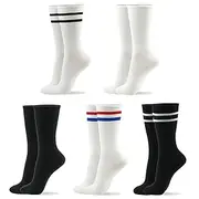 [kikiya socks] Women Patterned Crew Socks | 5 Pairs Athletic Black White Solid, Tube Stripes Cotton Daily Socks, Womens, Ladies & Girls Gift Casual Korean Sports Socks | Retro Tube