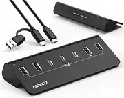 FIDECO Powered USB Hub, 7 Port USB 3.2 Gen 2, 10Gbps Fast Data Hub for iPhone 16/15 Series, Aluminum USB Splitter with 5V 3A Power Adapter, 4 USB-A and 3 USB-C Ports, Support BC1.2 Charging