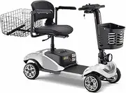 2025 4-Wheel Portable Folding Mobility Scooter with LED Lights and Rear Basket, 20KM Range, 150KG Capacity, Dual Detachable 12V 12Ah Batteries, and Swivel Seat (SILVER)