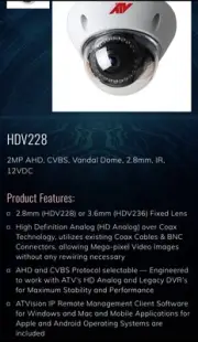 ATV HDV228 2MP HD ANALOG, FIXED LENS, VANDAL DOME CAMERA