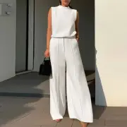 ZANZEA Women Vintage Casual Stand Neck Sleeveless Pleated Wide Leg Tops Trousers