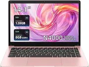 14.1" Laptop Computer 8GB RAM DDR4 128GB SSD Storage, Laptops Z141 Celeron N4000 Processors, HD Screen Display Windows 11 for School Students Business, Pink Laptop 2025