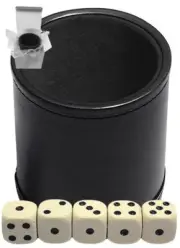 16mm Ivory Dice Black Pips + Black PU Leather Dice Cup Sealed Box