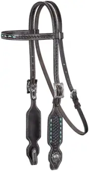 Pony Browband Headstall - Bryson Dark Oil Leather - Turquoise Buckstitched