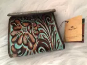 Patricia Nash Tool TURQUOISE/Brown Leather REITI SNAP Bifold Wallet Kiss Lock NU