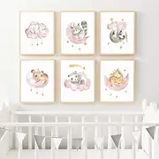 Sleeping Safari Animals Nursery Wall Art Canvas Painting,Picture Raccoon Giraffe Sloth Koala Elephant Print Baby Girl Room Decor 50x70cmx6 No frame