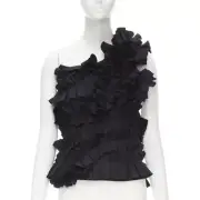 BOTTEGA VENETA black pleated ruffle one shoulder corset bustier top IT38 XS