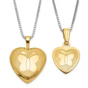 Sterling Silver Gold-Plated Textured Butterfly Heart 16mm 18In Locket & 14In Pendant Necklace Set