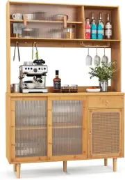 Giantex Bamboo Buffet Cabinet W/Hutch, 175Cm Wine Bar Kitchen Cabinet W/Ratta...