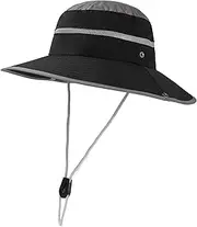 [Huakunda] Men's Sun Hat Outdoor Foldable Wide Brim Safari Hat Breathable Boonie Hat with Chin Strap UV Protection Garden Hat