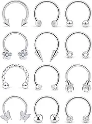[Ovxznts] 12Pcs 16G Septum Rings Surgical Steel Smiley Piercing Jewelry Septum Jewelry Daith Earrings for Women Men Horseshoe Hoop Earring CZ Heart Butterfly Flower - Inner Diameter:10mm