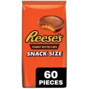 REESE'S Milk Chocolate Peanut Butter Snack Size Cups, Candy Bag, 33 oz 60 Piece.