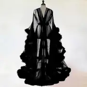 Women Fashion Tulle Robe Long Lingerie Nightgown Bathrobe Sleepwear Feather Bridal Robe Lace Lingerie Free black