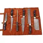 New Handmade 6 Damascus Steel BBQ Kitchen Chef knife set with leather roll bag