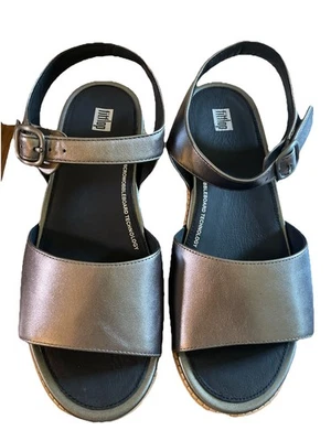 Fitflop Eloise Cork-Wrap Leather Back-Strap Wedge Sandals Sz 10 Pewter Mix