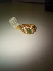 Vintage Genuine Jade Stone Ring With Cubic Zirconia/14k Gold Plated Size 8