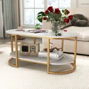 Costway 3-Tier Coffee Table Metal Frame Center Table Ample Desktop for Home Living Room w/Storage Shelf White&Gold