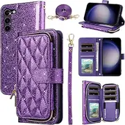 [Furill] Wallet Case for Samsung Galaxy S23 5G with Wrist Strap,Shoulder Strap,9+ Card Slots Zipper Purse Luxury PU Leather Stand Cell Phone Cover for S 23 23S GS23 G5 SM-S911U 6.1 inch Women Purple
