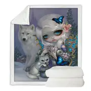 Winter Fairy with Two White Wolves and Butterflies Throw Blanket