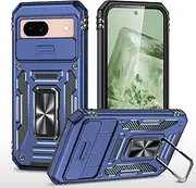 [JYNCHDZ] for Google Pixel 8A Case with Ring Stand Slide Camera Cover Military Grade Protection Hard PC Shell Soft TPU Bumper Shockproof Protective Armour Case for Google Pixel 8A, Dark Blue