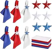 Independence Day Napkin Rings and Cotton Cloth Napkins Set of 12, 6 pcs Red Blue White Cloth Napkins Plus 6 pcs Metal Star Napkin Holders for 4th of July, Patriotic, Memorial Party Dinner Table Decor