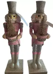 New set of Two Pink Glitter Glam Sparkle LED LightUp Nutcrackers Christmas Decor