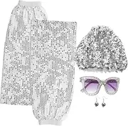 [MOBUTOFU] 80s Themed Accessories Women's Disco Dress Sequin Hat Ball Earrings Leg Warmers for Disco Party Silver