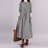 在飛比找Yahoo奇摩購物中心優惠-韓版寬鬆拼接棉麻格子連身裙洋裝(KDDQ-9895)【KIS