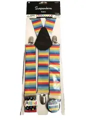 Suspenders Rainbow W/Party Buttons & Bow Adjustable NEW Pride Clown Costume Play