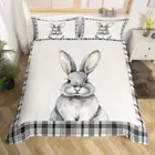 Cute Rabbit Pattern Bedding Set,Black White Grid Stripes Comforter Cover Set