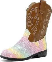 [xinlanlin] Girls Cowboy Boots Kids Embroidered Square Toe Mid Calf Glitter Western Cowgirl Boot Side Zipper Shoes