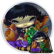 Big Eyed Dragon Fairy and Her Two Cute Dragonlings Round Beach Towel