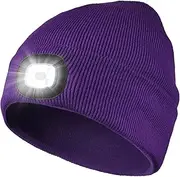 Beanie Hat with LED Light for Men Women USB Rechargeable Headlamp Caps for Fishing Running Hiking Camping-Purple