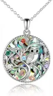 Sterling Silver Tree of Life Owl Necklace Abalone Shell Pendant Necklace Gifts