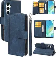 for Samsung Galaxy A16 Flip Case Leather Wallet Cover with Wrist Strap, Magnetic Closure & 9 Card Holder, PU Leather Folio Flip Protective Mobile Phone Case (Blue)