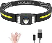 MOLAER Headlamp Rechargeable, 270° Wide Beam Bright LED Head Lamp with Motion Sensor for Adults, Lightweight, Weatherproof, White Red Light Source Headlight Flashlight for Outdoor Camping Running