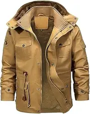 [Hophelia] Mens Fleece Jackets Jackets Windbreaker Winter Cargo Jacket with Multi Pockets, Warm Windproof Coat with Removable Hood, Khaki, Jacket 3XL