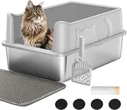 Stainless Steel Cat Litter Box with Lid, XL High Sided Metal Sifting Litter Box, Enclosed Litter Box for Big Cats, Anti-Leakage, Easy Clean, Include Cat Litter Mat, Scoop, Garbage Bag