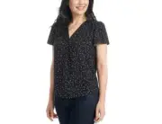 Hilary Radley Ladies' Printed V-Neck Short Sleeves Blouse (Black, Large)
