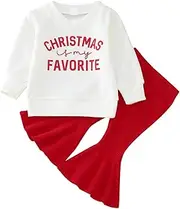 [Generic] Outfits for Toddler Girls Toddler Baby Kids Girls Suit Christmas Letters Long Sleeve Ribbed Top Red Bell Bottom Pants 2PCs Set Outfits Baby Girl Newborns (Red, 12-18 Months)