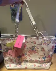 Betsey Johnson Tote Handbag Bakery Floral Big Bow Chain Strap Accent Logo Spring