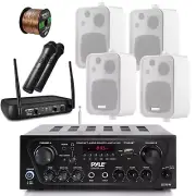 Wireless Bluetooth Receiver, Microphone System, 4x 200-Watt White Speakers, Wire