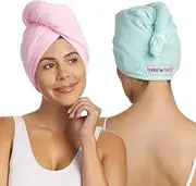 Turbie Twist Extra Long Microfiber Hair Towel Wrap for Women and Men | 2 Pack | Bathroom Essential Accessories | Quick Dry Hair Turban for Drying Curly, Long & Thick Hair (Pink, Mint)