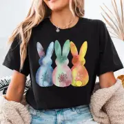 Easter Watercolor Tee, Easter Day Shirt, Three Little Bunnies Tee, Retro Bunn...